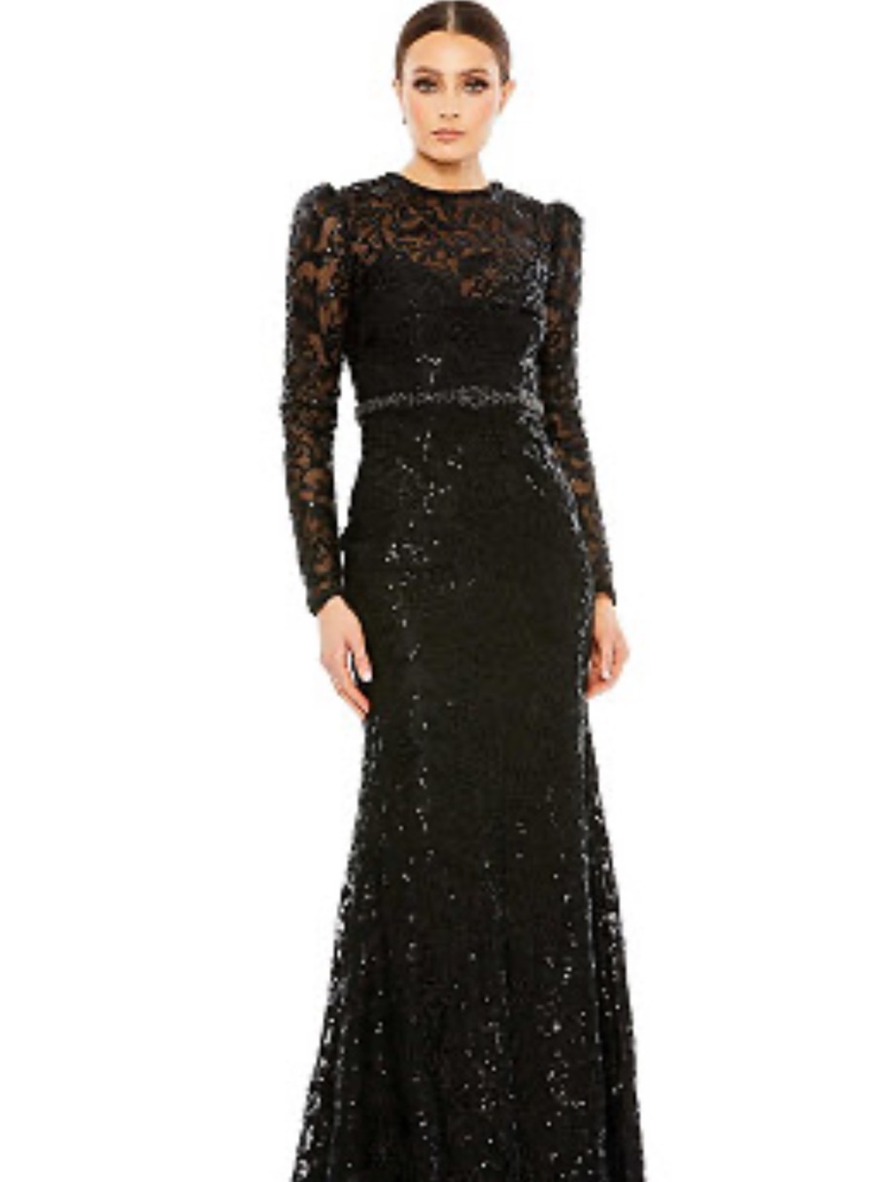 Mac Duggal Black Long-Sleeve Sequin & Lace Evening Gown